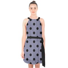 Large Black Polka Dots On Flint Grey - Halter Collar Waist Tie Chiffon Dress by FashionLane