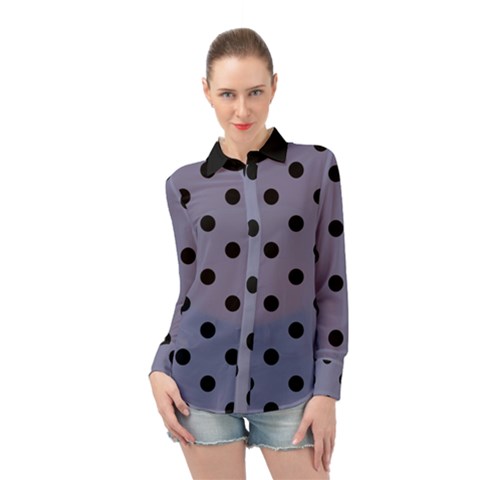 Large Black Polka Dots On Flint Grey - Long Sleeve Chiffon Shirt by FashionLane