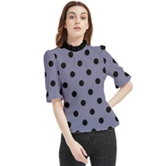 Large Black Polka Dots On Flint Grey - Frill Neck Blouse