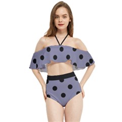 Large Black Polka Dots On Flint Grey - Halter Flowy Bikini Set 