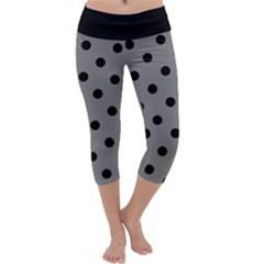 Large Black Polka Dots On Just Grey - Capri Yoga Leggings by FashionLane