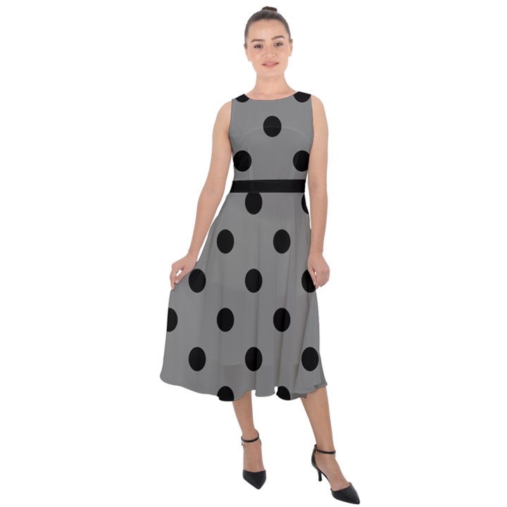 Large Black Polka Dots On Just Grey - Midi Tie-Back Chiffon Dress