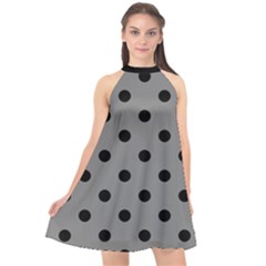 Large Black Polka Dots On Just Grey - Halter Neckline Chiffon Dress  by FashionLane