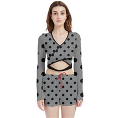 Large Black Polka Dots On Just Grey - Velvet Wrap Crop Top And Shorts Set