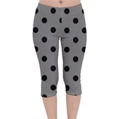 Large Black Polka Dots On Just Grey - Velvet Capri Leggings  by FashionLane