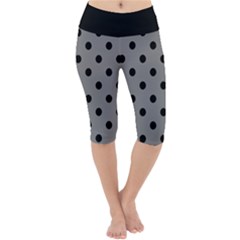 Large Black Polka Dots On Just Grey - Lightweight Velour Cropped Yoga Leggings by FashionLane