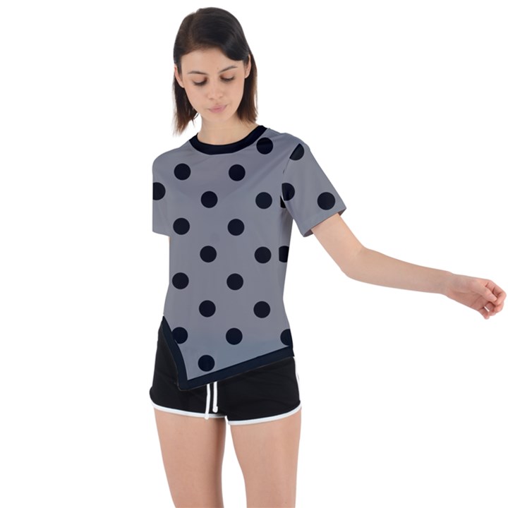 Large Black Polka Dots On Just Grey - Asymmetrical Short Sleeve Sports Tee