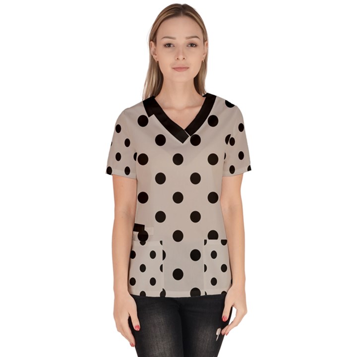 Large Black Polka Dots On Pale Grey - Women s V-Neck Scrub Top