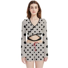 Large Black Polka Dots On Pale Grey - Velvet Wrap Crop Top And Shorts Set