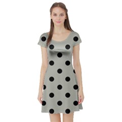 Large Black Polka Dots On Silver Cloud Grey - Short Sleeve Skater Dress by FashionLane