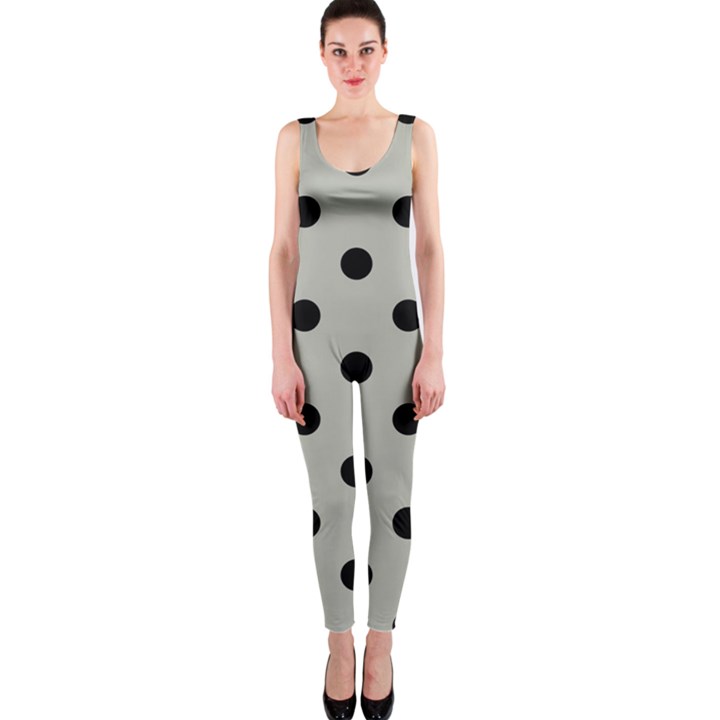 Large Black Polka Dots On Silver Cloud Grey - One Piece Catsuit