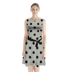 Large Black Polka Dots On Silver Cloud Grey - Sleeveless Waist Tie Chiffon Dress by FashionLane