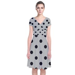 Large Black Polka Dots On Silver Cloud Grey - Short Sleeve Front Wrap Dress by FashionLane