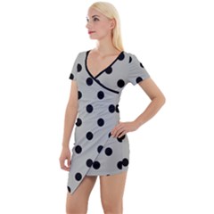 Large Black Polka Dots On Silver Cloud Grey - Short Sleeve Asymmetric Mini Dress by FashionLane