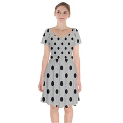 Large Black Polka Dots On Silver Cloud Grey - Short Sleeve Bardot Dress by FashionLane