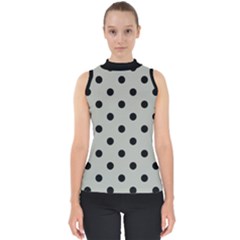 Large Black Polka Dots On Silver Cloud Grey - Mock Neck Shell Top