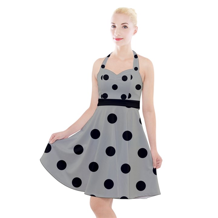 Large Black Polka Dots On Silver Cloud Grey - Halter Party Swing Dress 