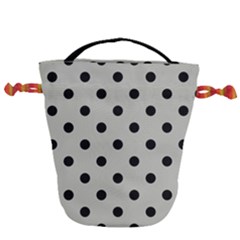 Large Black Polka Dots On Silver Cloud Grey - Drawstring Bucket Bag by FashionLane