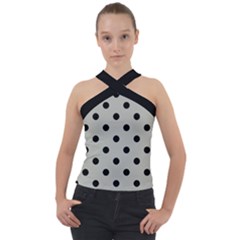 Large Black Polka Dots On Silver Cloud Grey - Cross Neck Velour Top by FashionLane