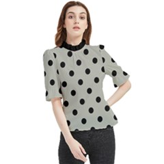 Large Black Polka Dots On Silver Cloud Grey - Frill Neck Blouse