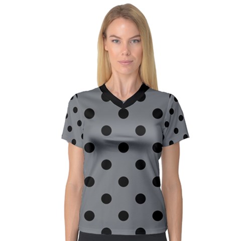 Large Black Polka Dots On Steel Grey - V-neck Sport Mesh Tee by FashionLane