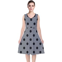 Large Black Polka Dots On Steel Grey - V-neck Midi Sleeveless Dress  by FashionLane