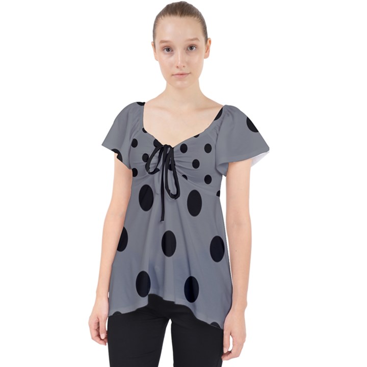 Large Black Polka Dots On Steel Grey - Lace Front Dolly Top