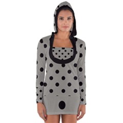 Large Black Polka Dots On Trout Grey - Long Sleeve Hooded T-shirt by FashionLane