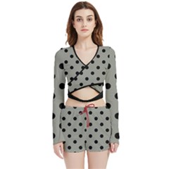 Large Black Polka Dots On Trout Grey - Velvet Wrap Crop Top And Shorts Set