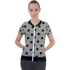 Large Black Polka Dots On Trout Grey - Short Sleeve Zip Up Jacket by FashionLane