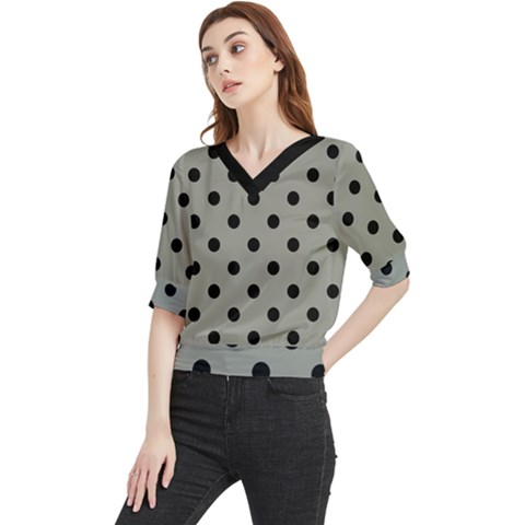 Large Black Polka Dots On Trout Grey - Quarter Sleeve Blouse by FashionLane