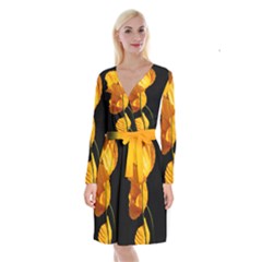 Yellow Poppies Long Sleeve Velvet Front Wrap Dress