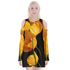 Yellow Poppies Velvet Long Sleeve Shoulder Cutout Dress by Audy