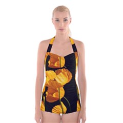 Yellow Poppies Boyleg Halter Swimsuit 