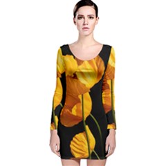 Yellow Poppies Long Sleeve Velvet Bodycon Dress