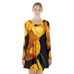 Yellow Poppies Long Sleeve Velvet V-neck Dress