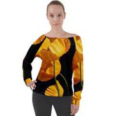 Yellow Poppies Off Shoulder Long Sleeve Velour Top by Audy