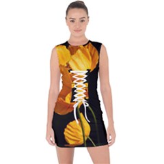 Yellow Poppies Lace Up Front Bodycon Dress by Audy