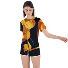 Yellow Poppies Asymmetrical Short Sleeve Sports Tee by Audy