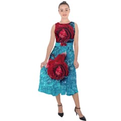 Red Roses In Water Midi Tie-back Chiffon Dress by Audy