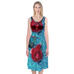 Red Roses In Water Midi Sleeveless Dress by Audy