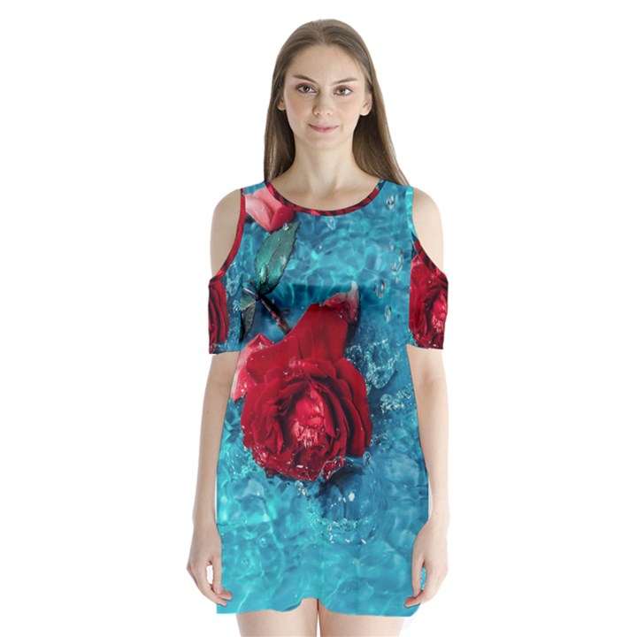 Red Roses In Water Shoulder Cutout Velvet One Piece