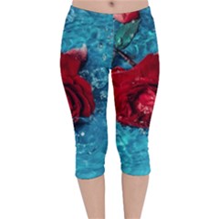 Red Roses In Water Velvet Capri Leggings  by Audy