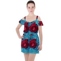 Red Roses In Water Ruffle Cut Out Chiffon Playsuit by Audy