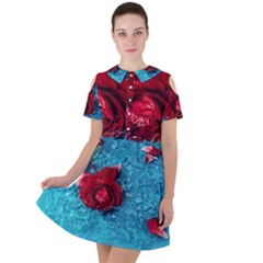 Red Roses In Water Short Sleeve Shoulder Cut Out Dress  by Audy