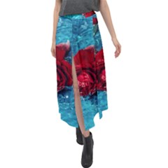 Red Roses In Water Velour Split Maxi Skirt by Audy