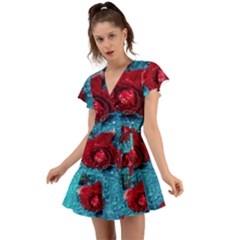 Red Roses In Water Flutter Sleeve Wrap Dress by Audy