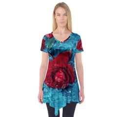 Red Roses In Water Short Sleeve Tunic  by Audy