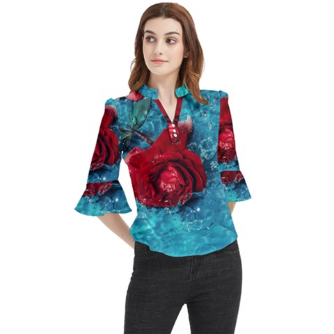 Red Roses In Water Loose Horn Sleeve Chiffon Blouse by Audy