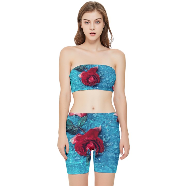 Red Roses In Water Stretch Shorts and Tube Top Set